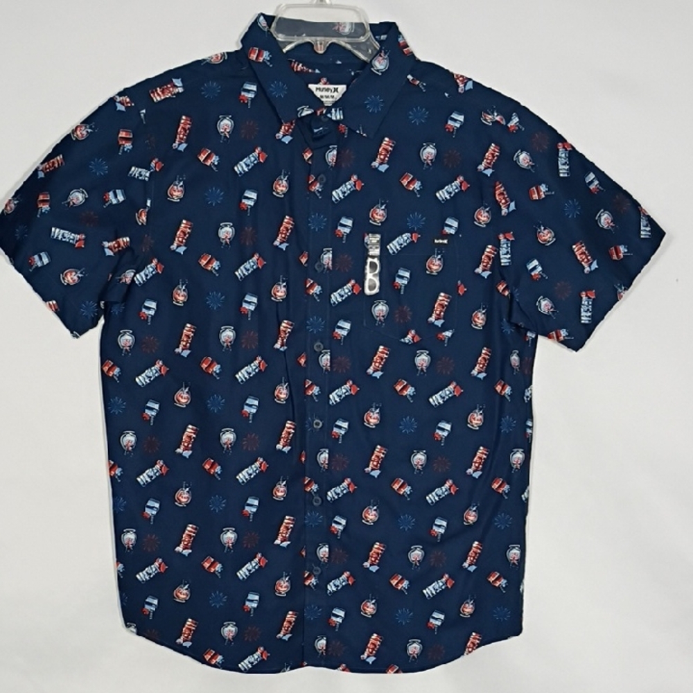 NWT Hurley Obsidian Print Freaky Tiki Short Sleeve Button Down Cotton Men Sz Med
